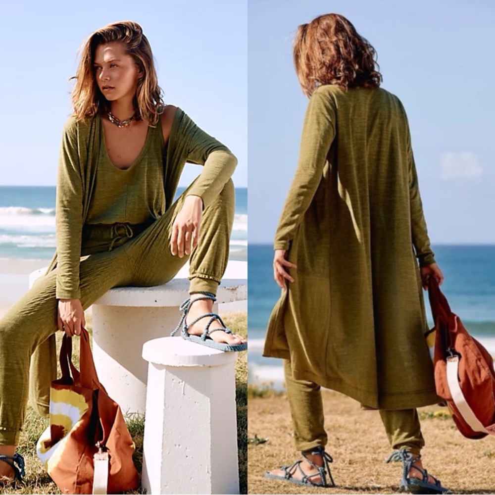 FREE PEOPLE FP Beach 2 Piece BiCoastal Quiet Moss Jumpsuit Cardigan Duster Set - Picture 1 of 11